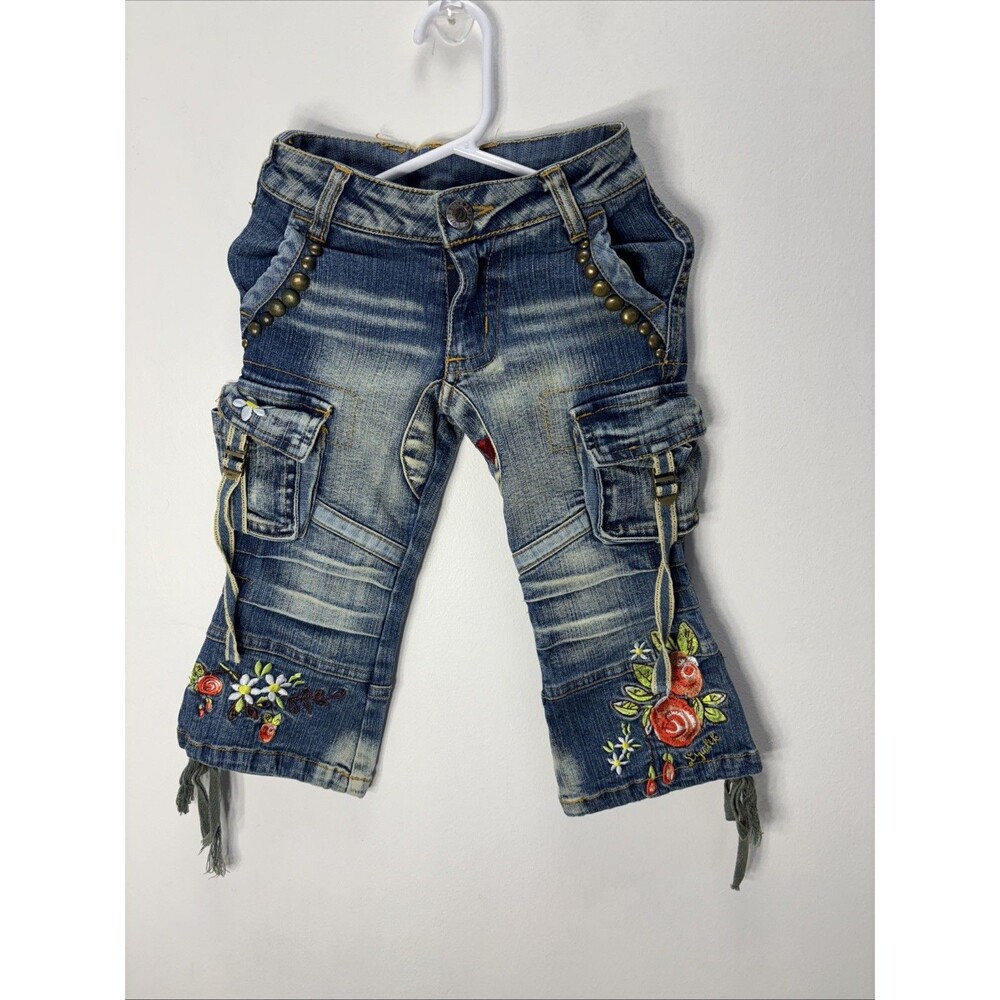 Vintage Lipstik Girls Embroidered Jeans, Floral  Ramie/cotton sz 2T